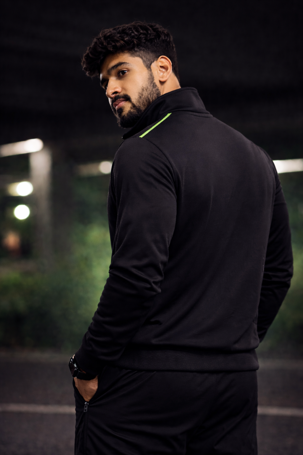 LETVX Men’s Black Sports Jacket with Green Accent | Premium Gym & Running Jacket