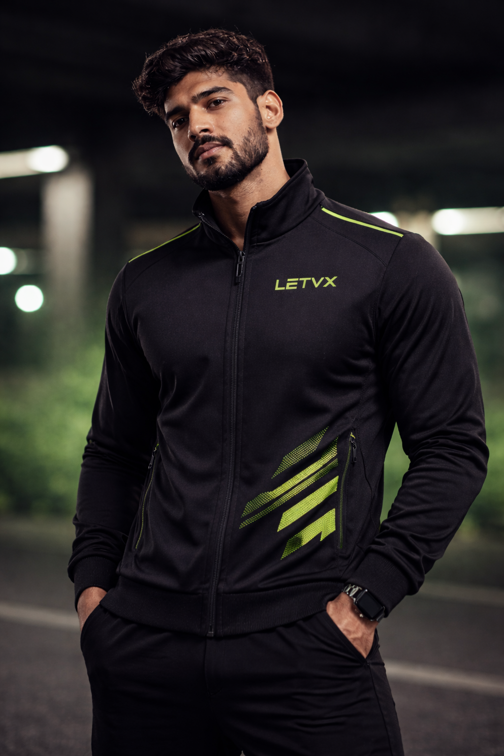 LETVX Men’s Black Sports Jacket with Green Accent | Premium Gym & Running Jacket