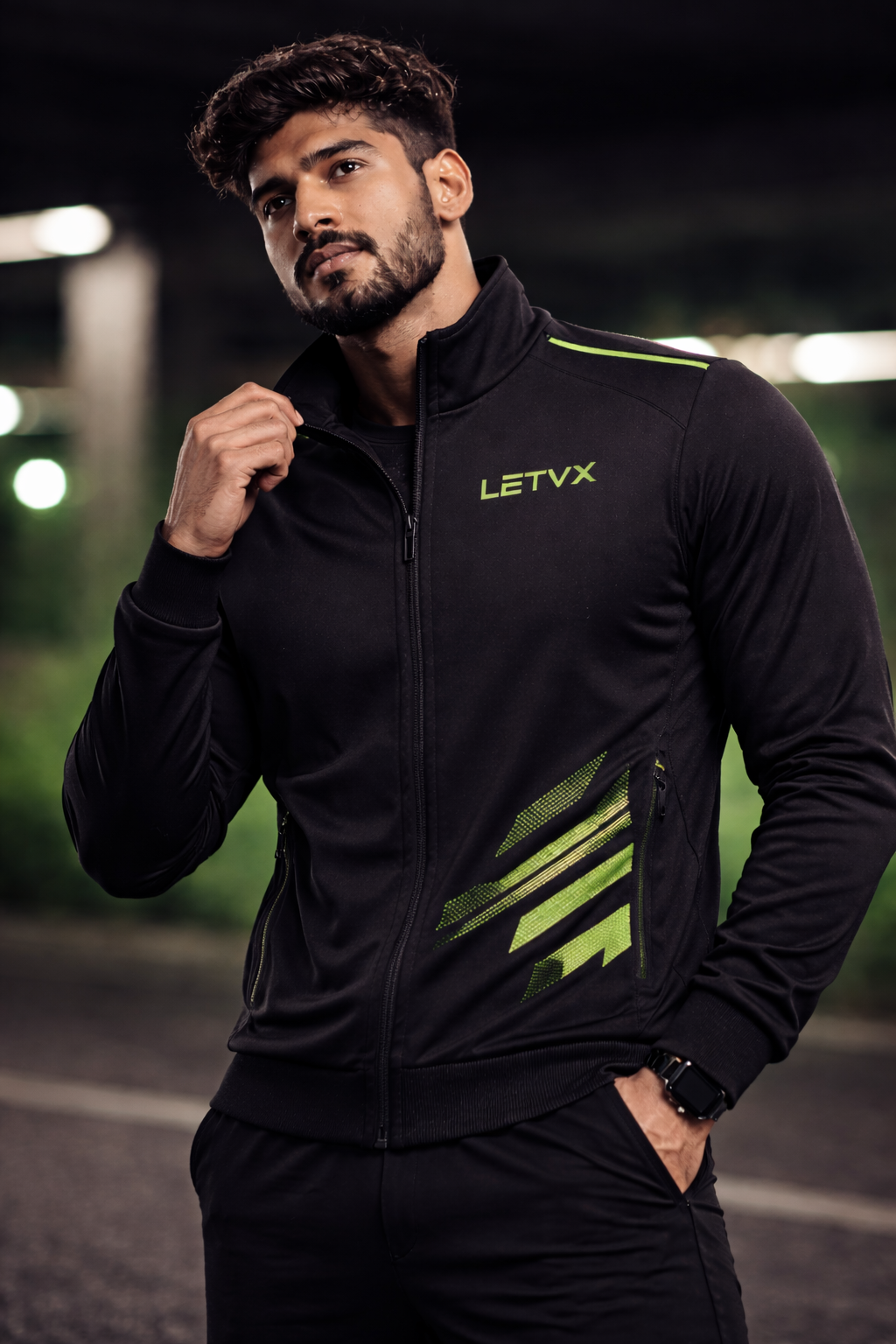 LETVX Men’s Black Sports Jacket with Green Accent | Premium Gym & Running Jacket