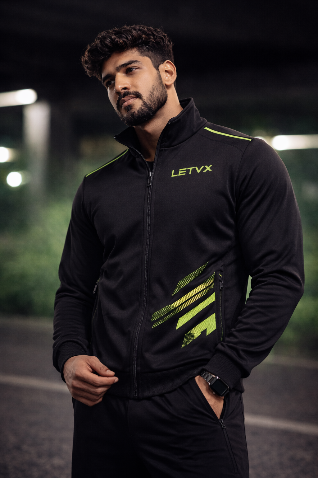 LETVX Men’s Black Sports Jacket with Green Accent | Premium Gym & Running Jacket