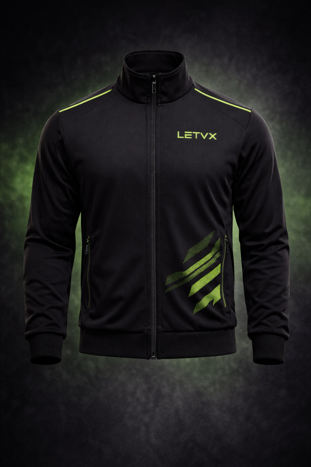 LETVX Men’s Black Sports Jacket with Green Accent | Premium Gym & Running Jacket