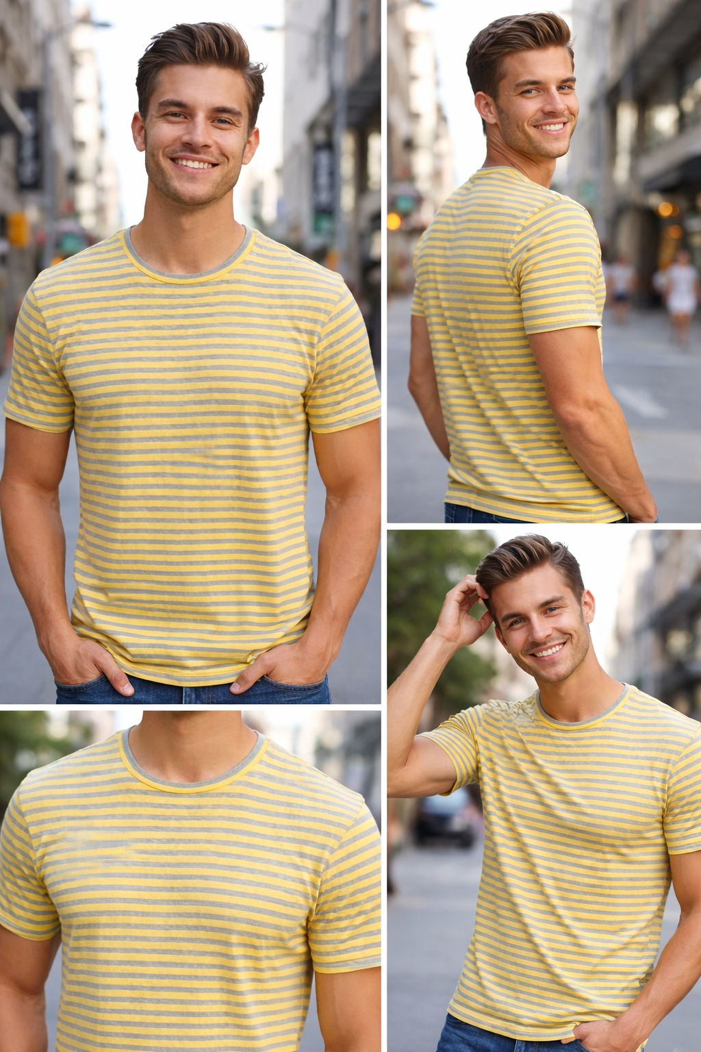 LETVX Men’s Yellow & Grey Striped Cotton T-Shirt – Comfortable Casual Sportswear T-shirt