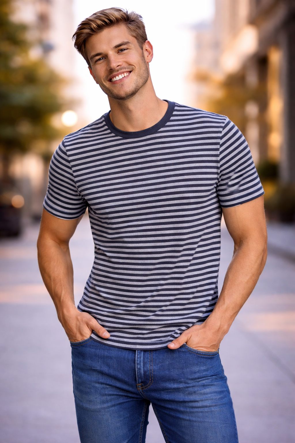 LETVX Premium Navy Striped Cotton T-Shirt for Men | Slim Fit Casual Wear