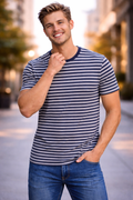 LETVX Premium Navy Striped Cotton T-Shirt for Men | Slim Fit Casual Wear
