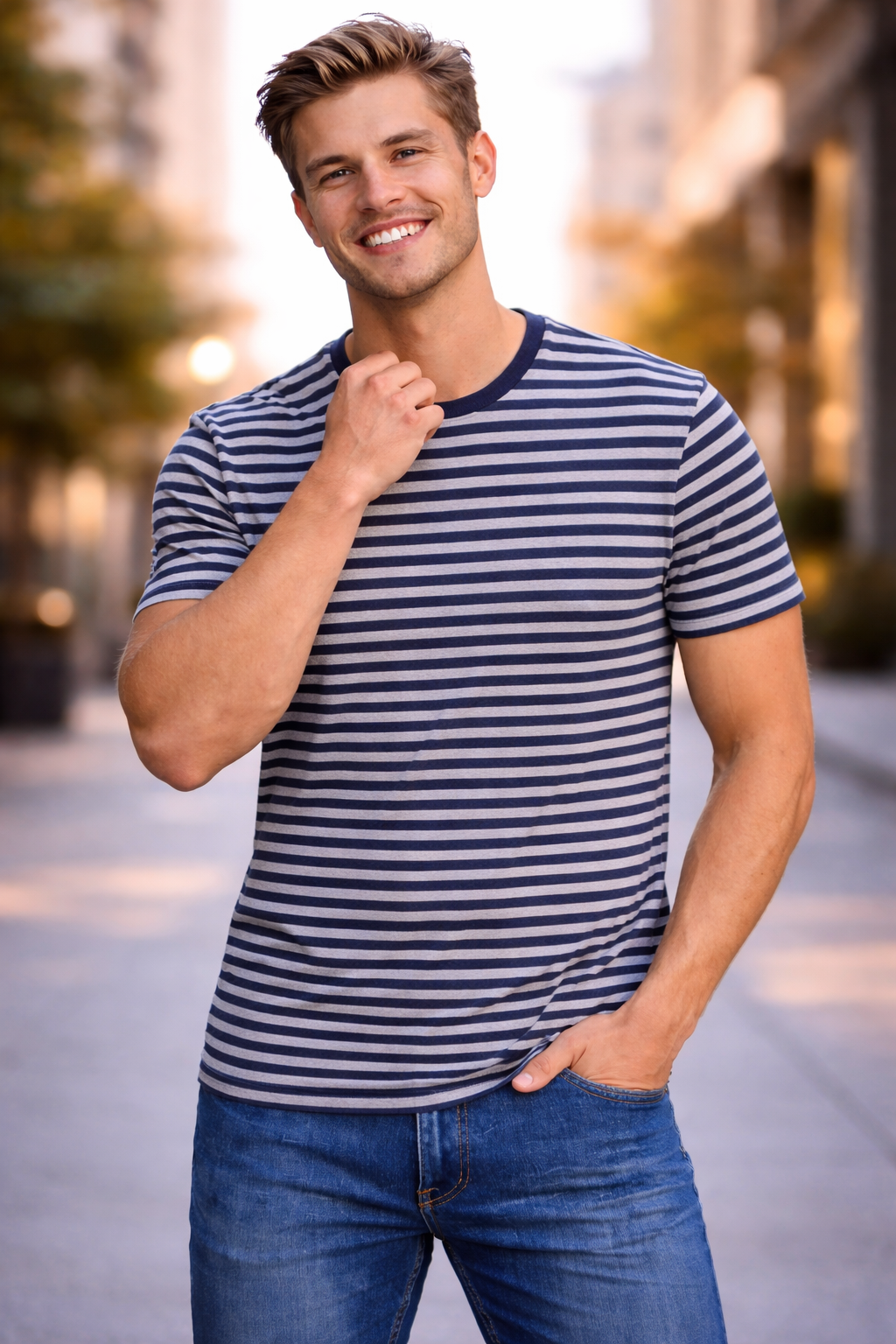 LETVX Premium Navy Striped Cotton T-Shirt for Men | Slim Fit Casual Wear