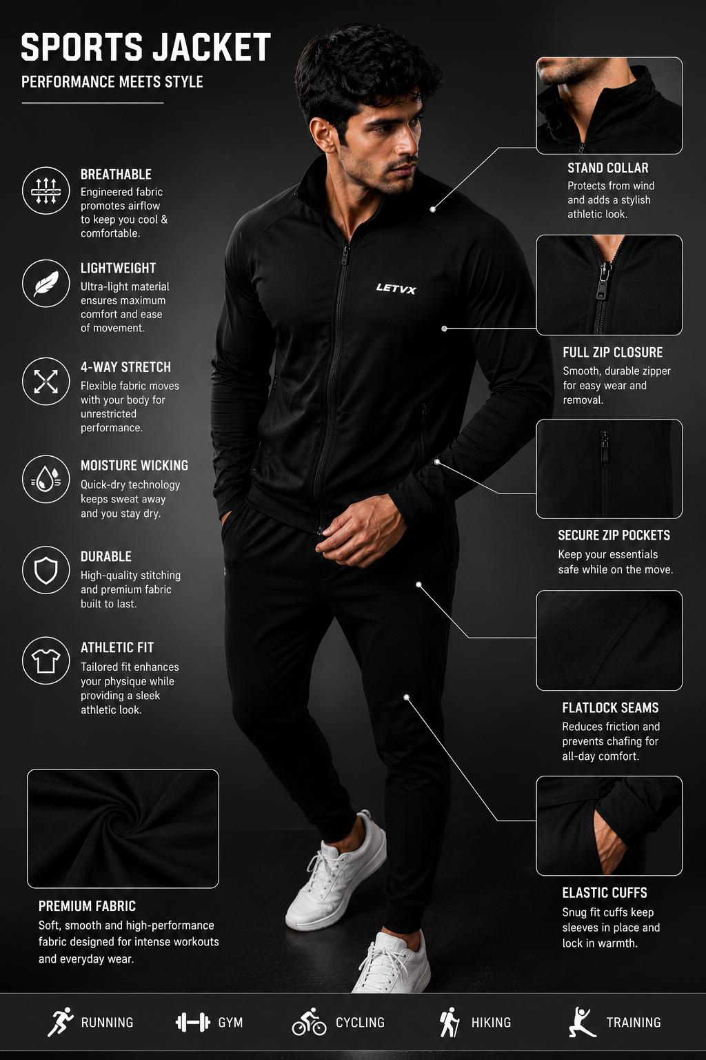 LETVX Premium Black Sports Jacket – Lightweight, Quick-Dry