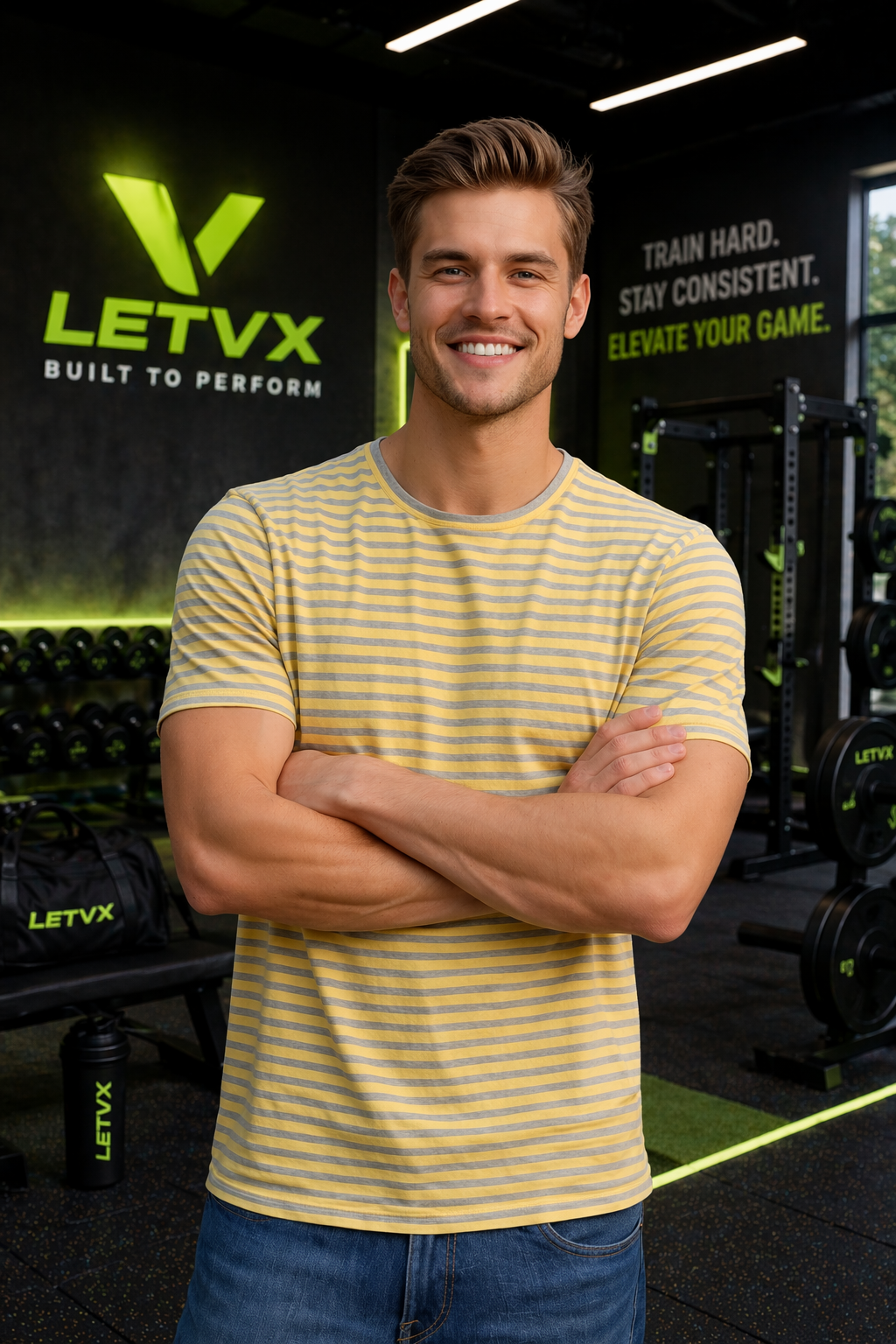 LETVX Men’s Yellow & Grey Striped Cotton T-Shirt – Comfortable Casual Sportswear T-shirt