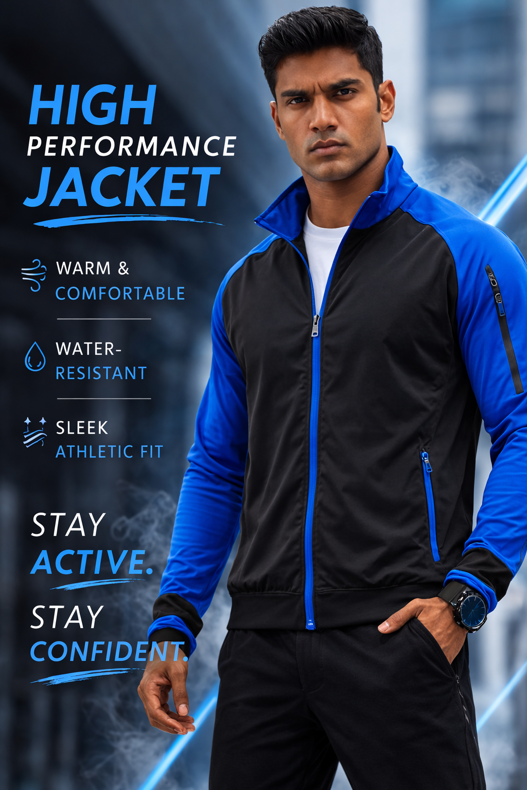 LETVX Sports Jacket for Men Black Blue | Gym Running Activewear