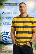 LETVX Men’s Yellow & Grey Striped Cotton T-Shirt – Comfortable Casual Sportswear Tee