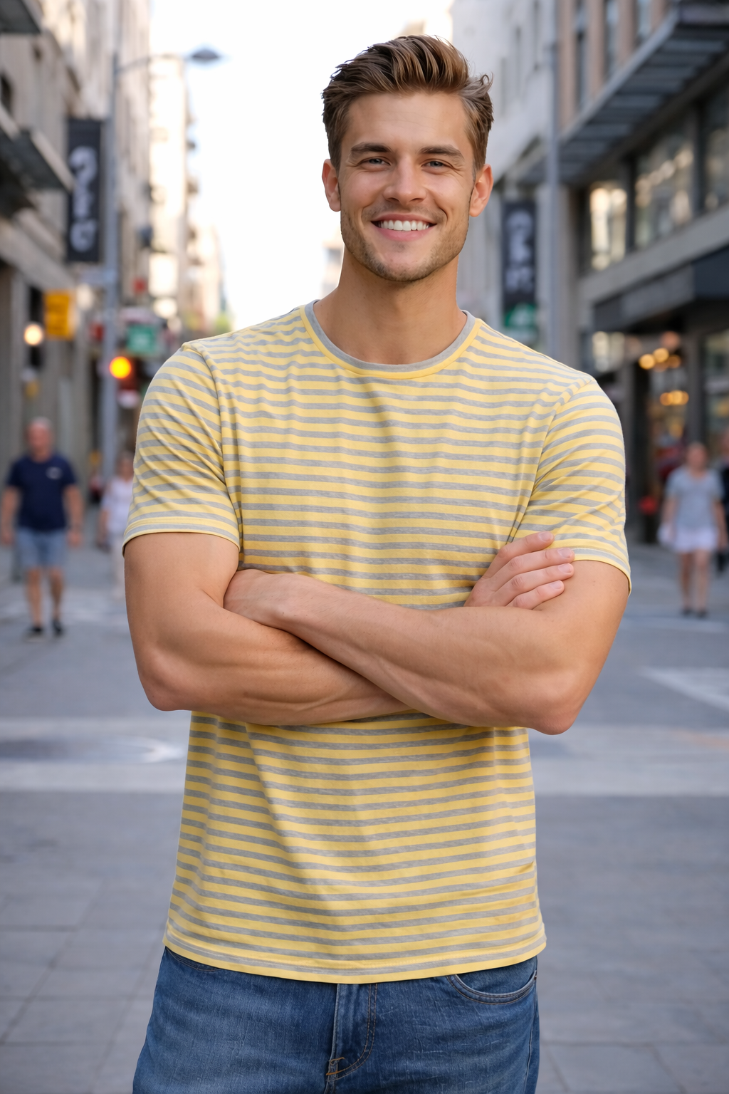 LETVX Men’s Yellow & Grey Striped Cotton T-Shirt – Comfortable Casual Sportswear T-shirt