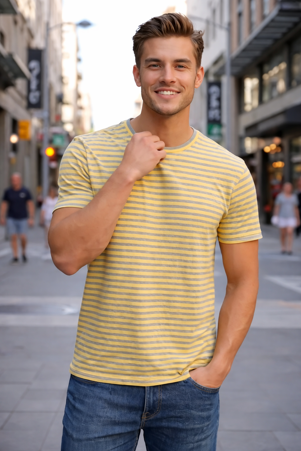 LETVX Men’s Yellow & Grey Striped Cotton T-Shirt – Comfortable Casual Sportswear T-shirt