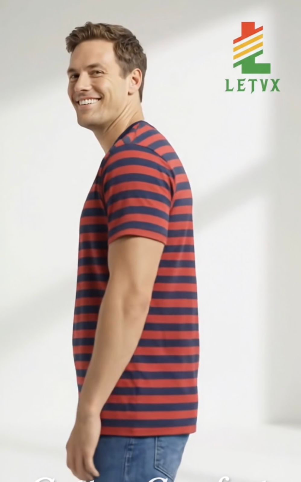 LETVX Men’s Red & Navy Blue Striped Cotton T-Shirt – Premium Casual Summer T-Shirt for Men