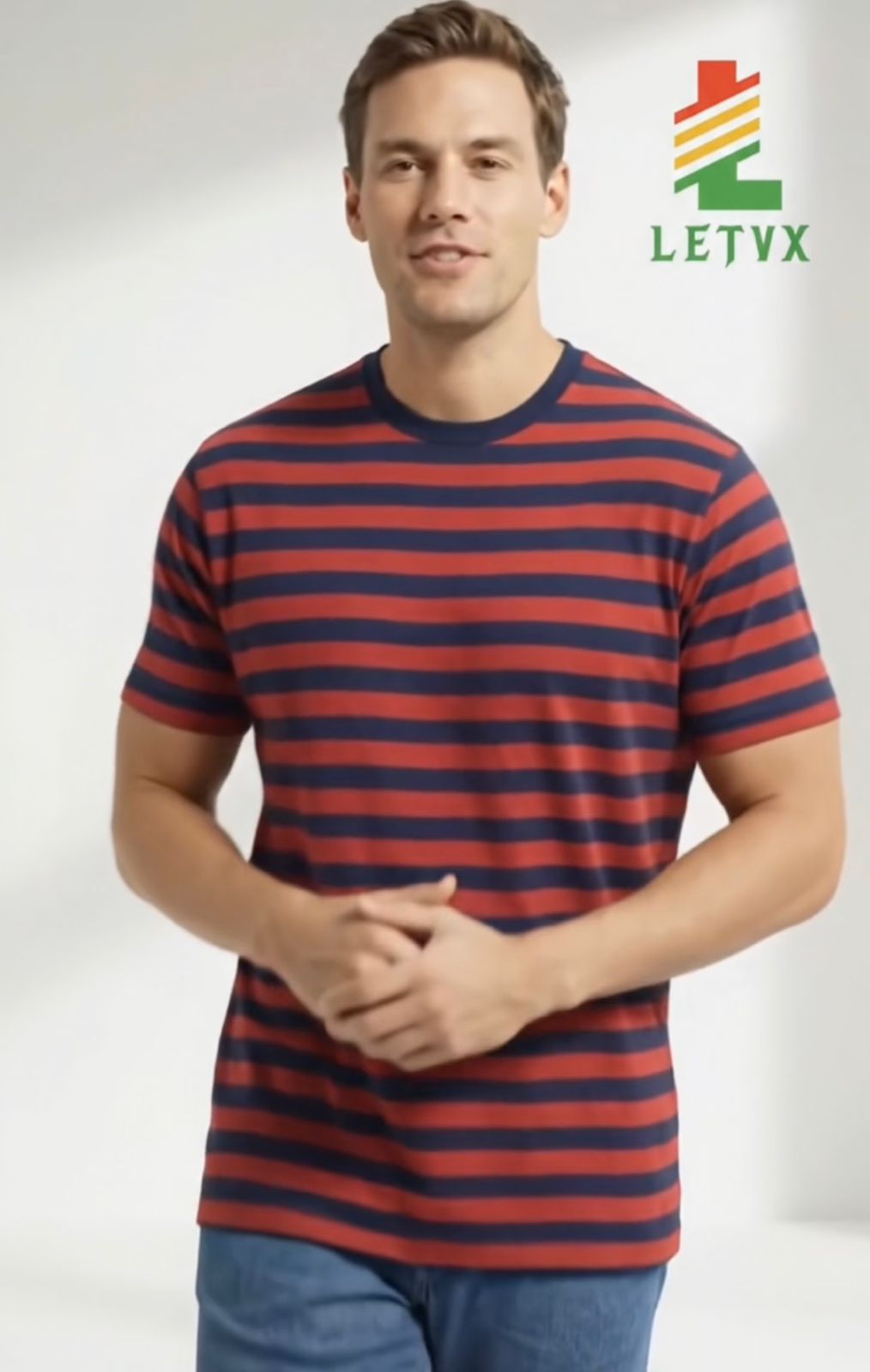 LETVX Men’s Red & Navy Blue Striped Cotton T-Shirt – Premium Casual Summer T-Shirt for Men