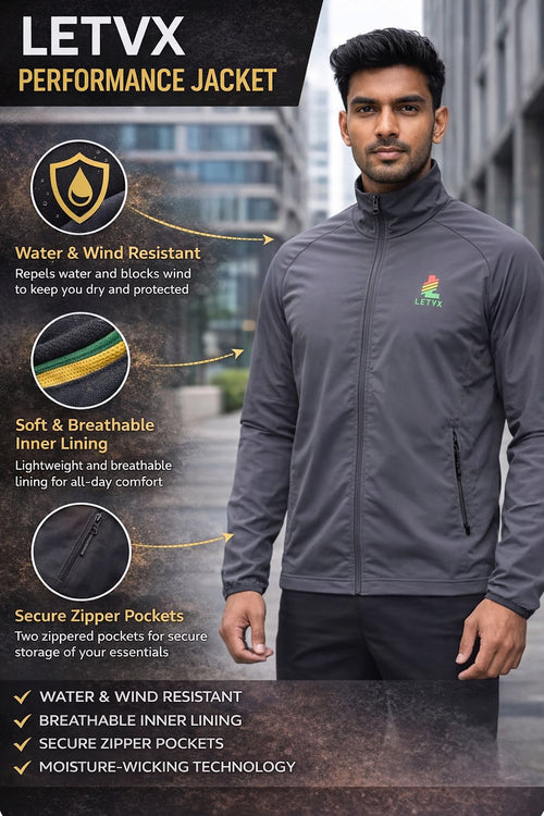 LETVX Quick-Dry Sports Jacket for Men | Lightweight Gym & Running Jacket Grey