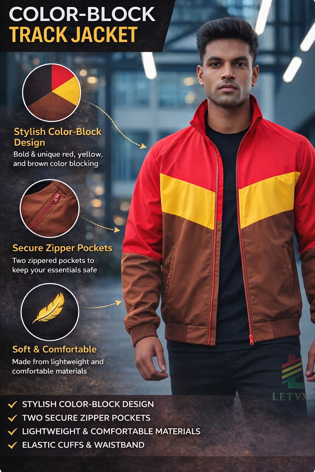 LETVX Red Brown Yellow Sports Jacket for Men | Lightweight Gym & Running Activewear