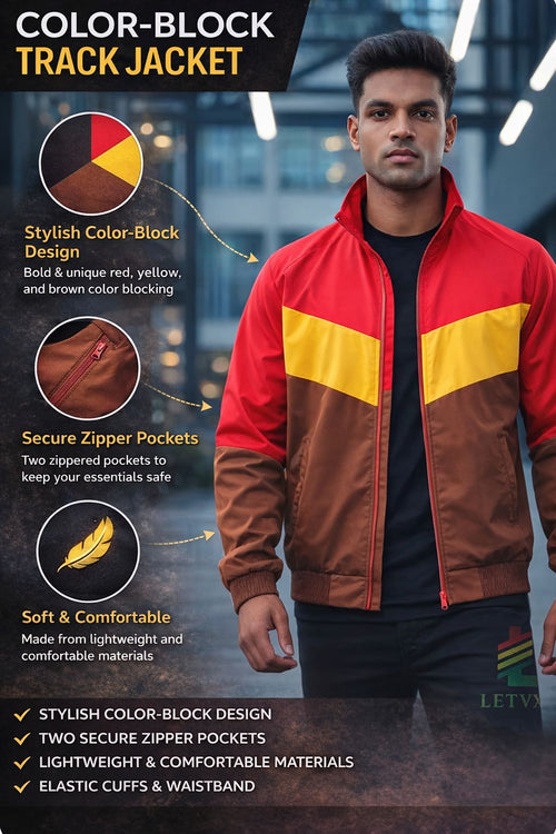 LETVX Red Brown Yellow Sports Jacket for Men | Lightweight Gym & Running Activewear