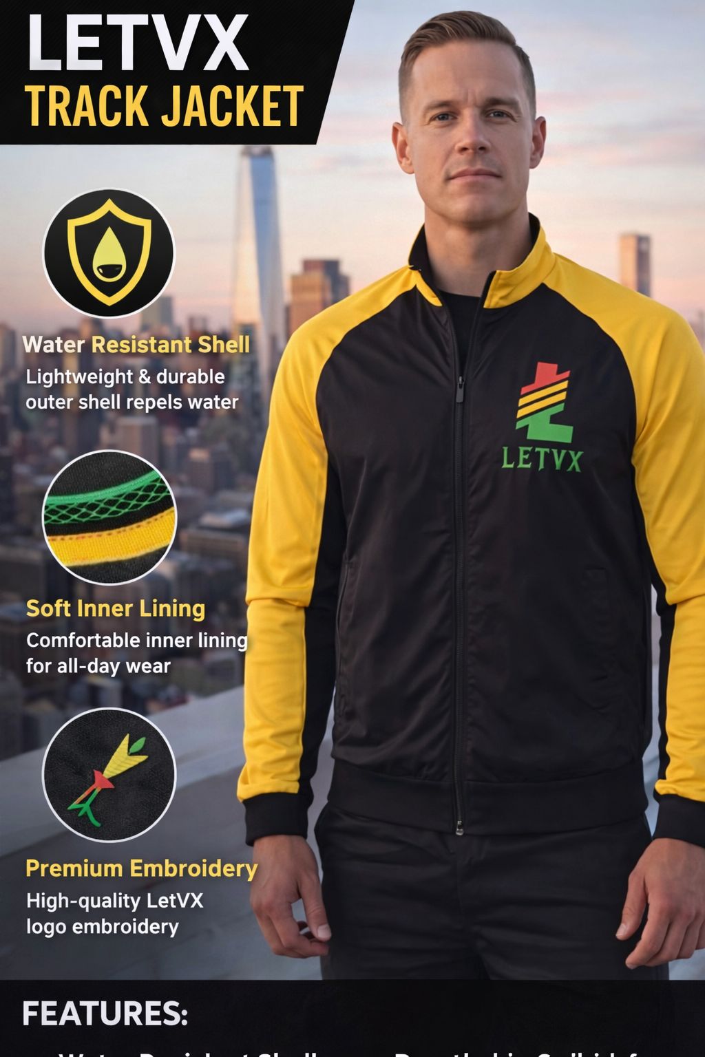 LETVX Black & Yellow Sports Jacket for Men | Lightweight Gym & Running Activewear